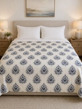 West Elm Queen Duvet Cover Jay Street Block Print Cotton Floral Blue White